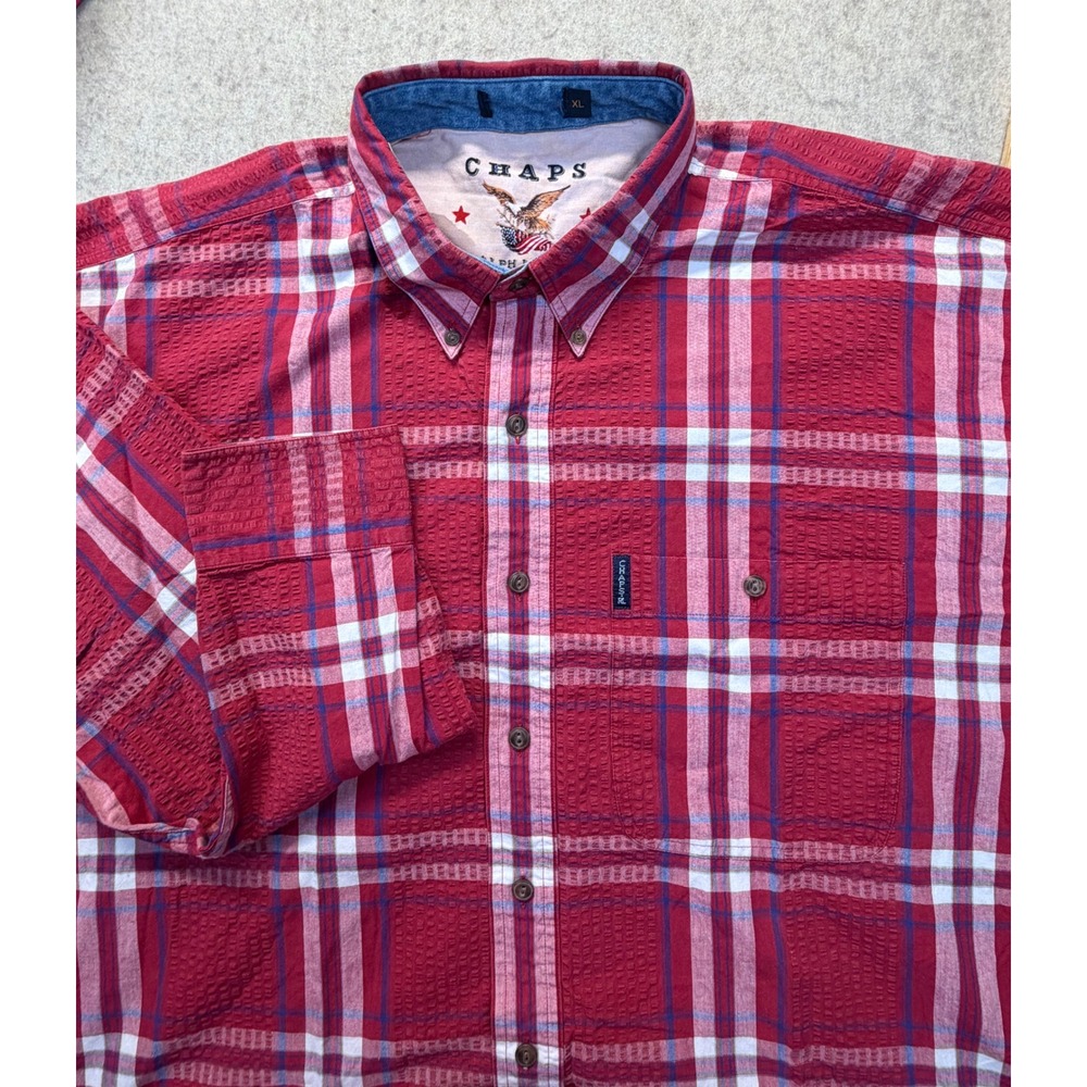 Chaps Ralph Lauren Button Down Mens XL Red Plaid Seersucker Long Sleeve Shirt